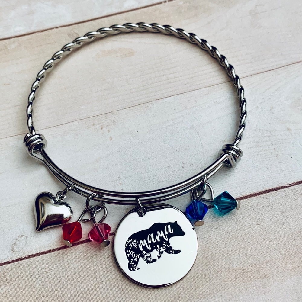 Mama bear charm bracelet with birthstone